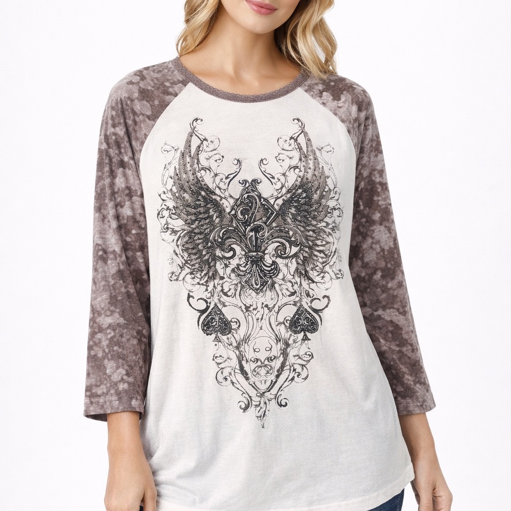 Cowgirl Legend Western Graphic Raglan Tee Wings Fleur De Lis 3/4 Sleeve